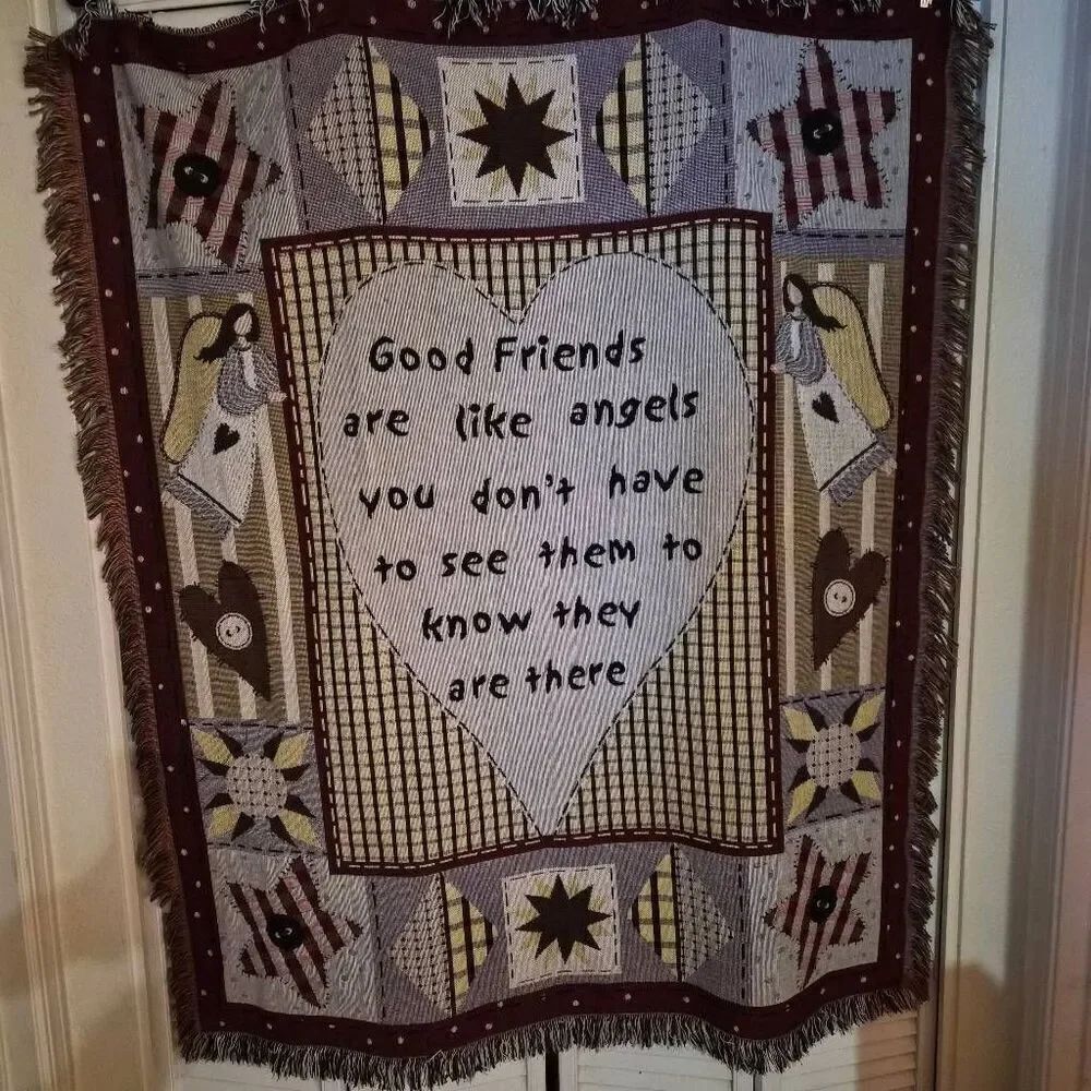 NWOT Good Friends are like Angels Tapestry Throw Blanket Throw: County Patchwork
